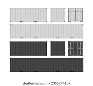 Set of white and black cargo containers. Cargo containers for transportation. Vector illustration in flat style. Isolated on white background.