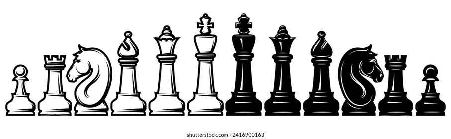 A set of white and black chess arranged in one row. Template for design. Set of elements for design.