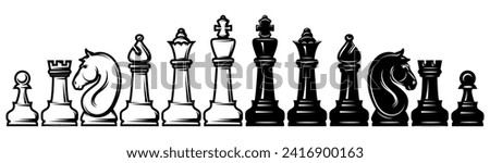 A set of white and black chess arranged in one row. Template for design. Set of elements for design.