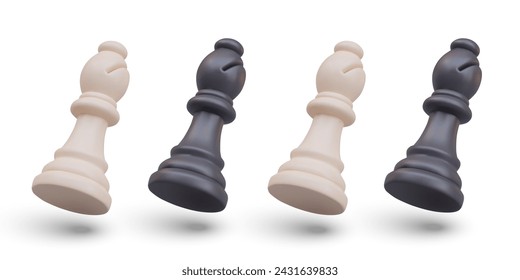 Set of white and black chess bishops in tilted position. Game figure in process of moving