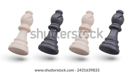 Set of white and black chess bishops in tilted position. Game figure in process of moving