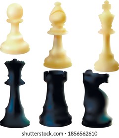 Set of white and black chess pieces in 3D style on white background. Vector illustration