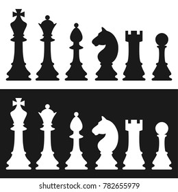 Set of white and black chess pieces in flat style on the white and black background. Vector illustration