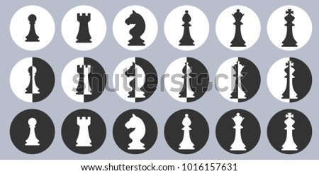 Set of white and black chess pieces icons in flat style on the white and black background in circles. Vector illustration