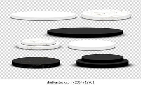 Set of White and Black circle pedestal with Marble pattern on transparent background. Stage empty for product display, advertising, show, contest, award, winner. Platform studio. Vector illustration.