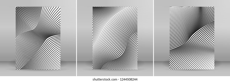 Set White black color. Linear background. Design elements. Poligonal lines. Protective layer for banknotes, certificates template. Vector Vector lines of different thicknesses from thin to thick EPS10
