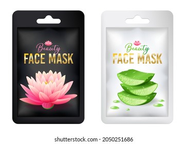 Set white and black cosmetic facial mask individual package mock up with pink lotus