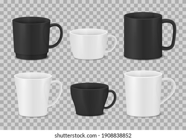Set of white and black cups. Realistic coffee mugs.
