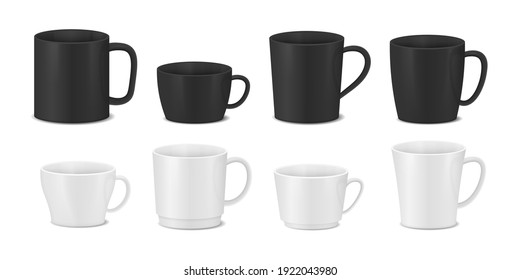 Set of white and black cups. Realistic coffee mugs.