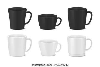 Set of white and black cups. Realistic coffee mugs.