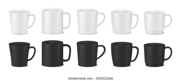 Set of white and black cups. Realistic coffee mugs.