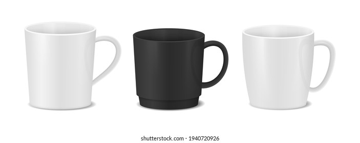 Set of white and black cups. Realistic coffee mugs.