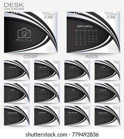 Set white and black desk Calendar 2018. Design template with place for photo and week starts on monday