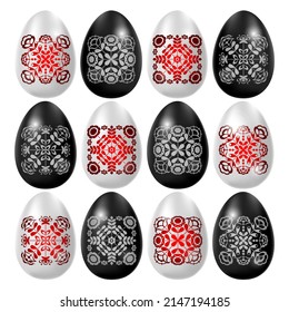 Set of white and black Easter eggs in Ukrainian style based on Ukrainian embroidery on a white background.