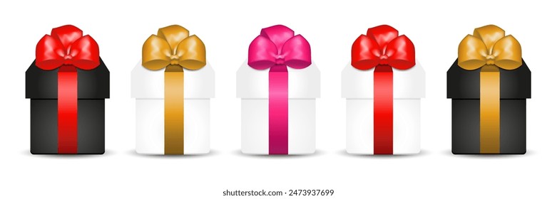 Set of white and black gift boxes with gold, red, and pink bows. Vector illustration isolated on white background