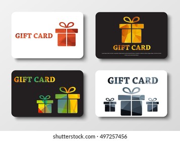 set of white and black gift cards with different boxes. Patterns of gold, bronze, silver, colored polygonal abstract elements. Vector illustration. Set