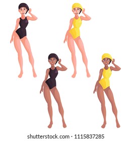 Set of white and black girls in yellow and black swimsuits