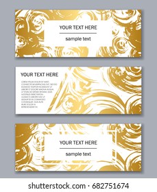 Set of white, black and gold banners templates. Modern abstract design. Hand drawn ink pattern. Brush texture.