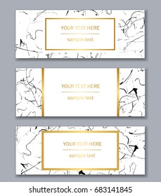 Set of white, black and gold banners templates. Modern abstract design. Hand drawn ink pattern. Brush texture.