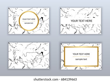 Set of white, black and gold business cards templates. Modern abstract design. Hand drawn ink pattern. Brush texture.