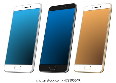 Set of white, black and gold Realistic cell phone. High detailed smartphone 3d mockup. Vector illustration. New perspective style smartphone. 