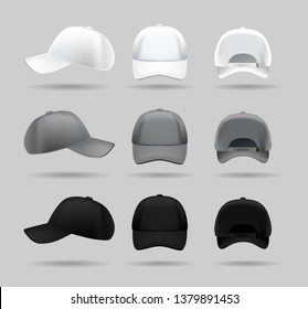 Set Of White, Black And Gray Baseball Cap, . Realistic Vector Mockup