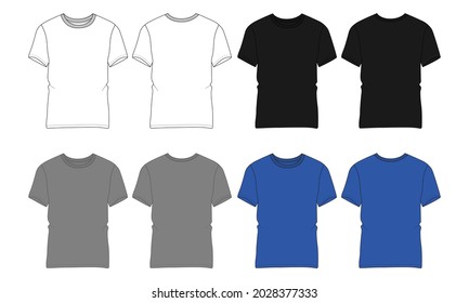 Set White, black, Grey, blue color Cotton jersey Regular fit Short sleeve T-shirt technical Sketch fashion Flat Template With Round neckline. Vector illustration basic apparel design.