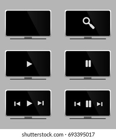 Set of white, black and grey televisions, tv, modern and realistic with playback options, films, movies and music