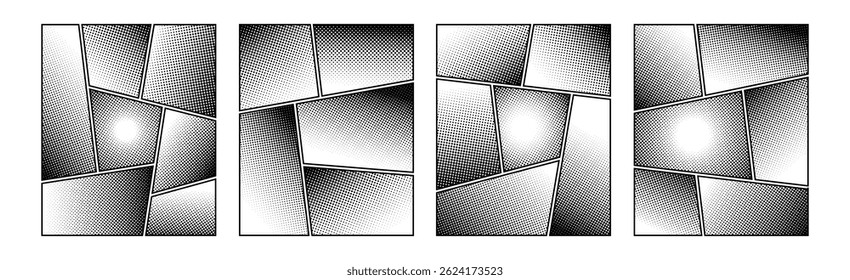 Set of white and black halftone comic manga book template screentone page. Pop art halftone frame background with dot effects. Vector illustration