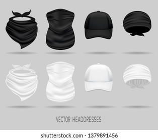 set of white and black head bandanas and cap, neck scarf and buff. realistic vector mock up