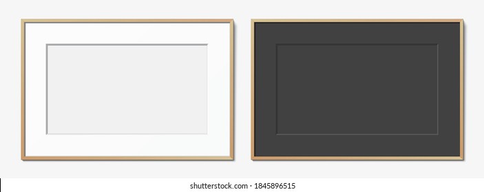 Marco de madera blanca y horizontal negra con pasarela colgada en una pared blanca. Plantilla de marco elegante en blanco, con espacio de copia. Parodia vectorial de marco de imagen.