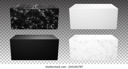 Set of white and black marble block. Vector stone product showcase on transparent background. Realistic luxury podium for advertising.