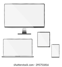 Set of white black modern technology devices - computer monitor, laptop, digital tablet and mobile phone with blank mockup screen. Isolated on background.