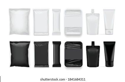 set of white and black paper and plastic packaging isolated on white background