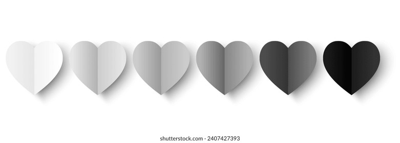 Conjunto de corazones blancos y negros de papel aislados sobre fondo blanco. Ilustración vectorial. Decoración de papel cortado en el corazón para el diseño de tarjetas de San Valentín.