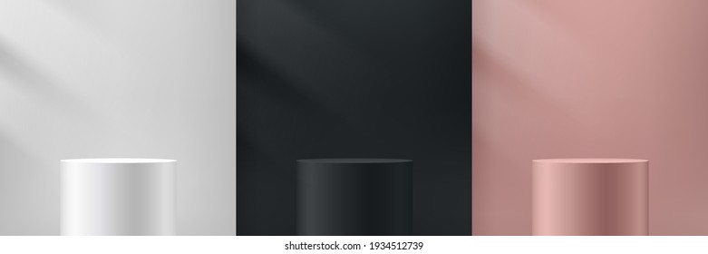 Set of white, black, pink gold cylinder pedestal podium display on empty room background. Abstract modern vector rendering 3d shape for cosmetic products presentation. Minimal scene studio room.