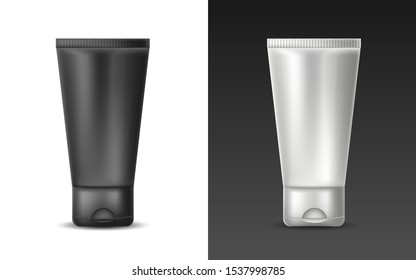 Set of white and black realistic blank tube for toothpaste, cream, lotion, gel, paint. Vector isolated object on a white background. Mock up for banner, card, brochure and booklet.