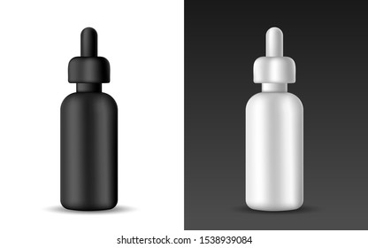 Set of white and Black realistic blank plastic serum bottle for cosmetic fluids Vector isolated object on a white background. Mock up for banner, card, brochure. Product packaging illustration.