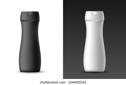 Set of white and black realistic blank bottle for shampoo, shower gel, lotion. Vector isolated object. Mock up for banner, card, brochure and booklet. Product packaging illustration.