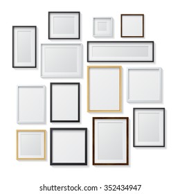 Set of White, Black, Realistic Light  and Dark Wood Blank Picture Frames,
hanging on a White Wall, isolated on white background.
Design Template for Mock Up. Square and rectangle shapes. Vector