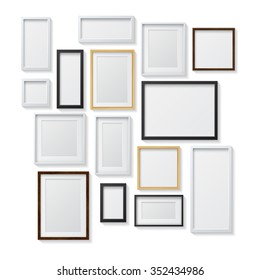 Set of White, Black, Realistic Light  and Dark Wood Blank Picture Frames,
hanging on a White Wall, isolated on white background.
Design Template for Mock Up. Square and rectangle shapes. Vector - Shutterstock ID 352434986