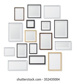 Set of White, Black, Realistic Light  and Dark Wood Blank Picture Frames,
hanging on a White Wall, isolated on white background.
Design Template for Mock Up. Square and rectangle shapes. Vector