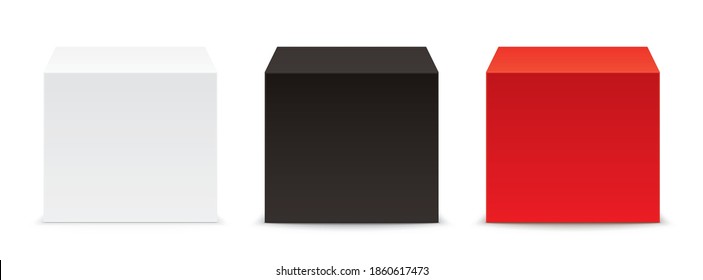 Set of white, black, and red cubes isolated on a white background. Realistic editable vector cube, in front isometric view. Square 3D box for object placement, or product presentation, isolated.