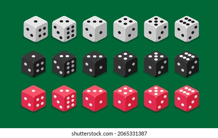 A set of white, black, red dice on a green background. Vector stock isometric 3d illustration.