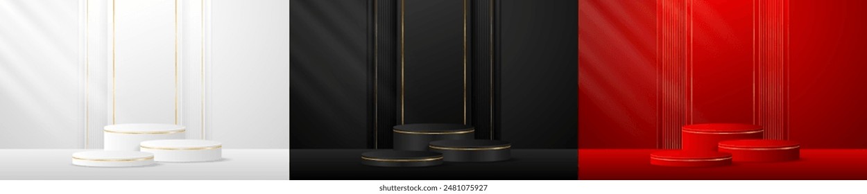 Set of white, black, red podiums with elegant gold lines for product presentation. Cosmetic product display. Stage or podium. vector illustration