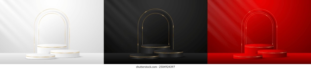 Set of white, black, red podiums with elegant gold lines for product presentation. Cosmetic product display. Stage or podium. vector illustration	