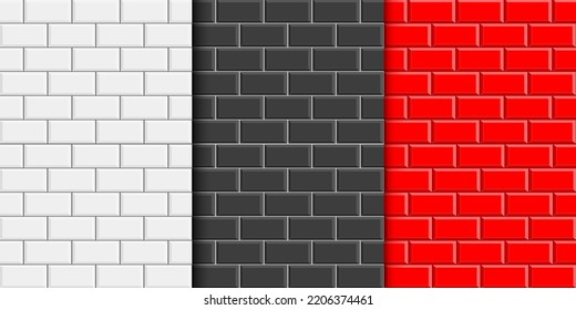 Conjunto de texturas de pared de metro blancas, negras y rojas. Fondo cerámico de baldosas o ladrillo de piedra. Colchón de la cocina o textura del suelo del baño. Diseño interior o exterior. Ilustración plana del vector