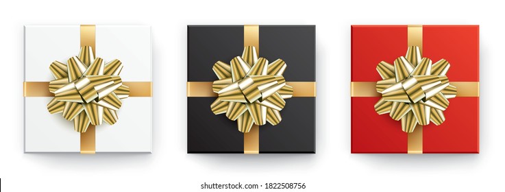 Set of white, black and red vector gift boxes with golden ribbons, isolated on a white background. Classical style realistic gift box, for Christmas, New Year or Birthday greeting card design.