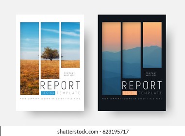 set of white and black report covers with a landscape and mountains in a minimalist style. A brochure template with rectangular elements for a photo. photo from a mosaic for a sample.