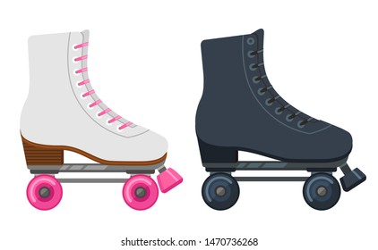 set of white and black roller-skates in flat style. Vector illustration